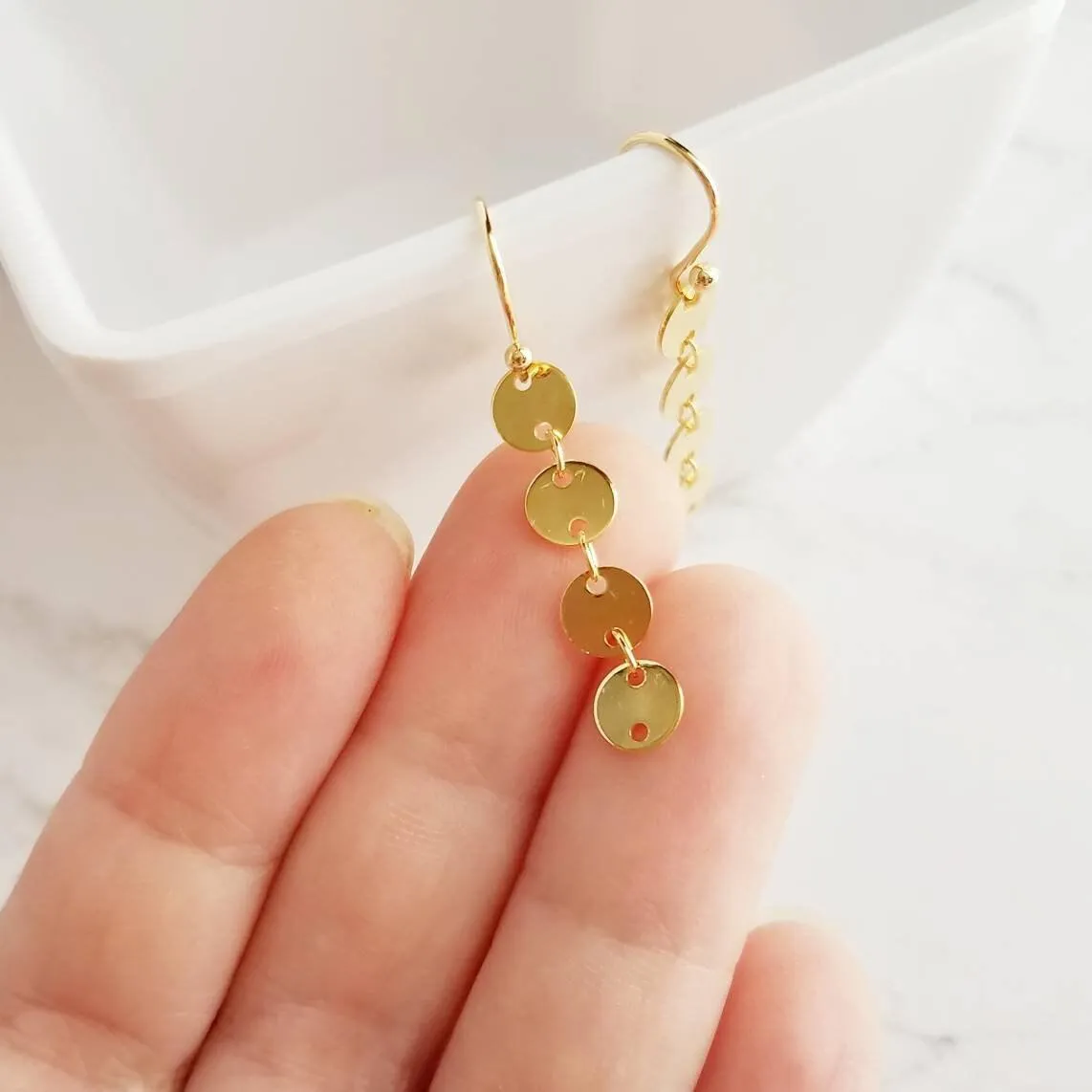 Gold Disk Earrings, gold sequin earring, gold disc earring, connected disks earring, round tag earring, gold circle earring, 4 disk earring