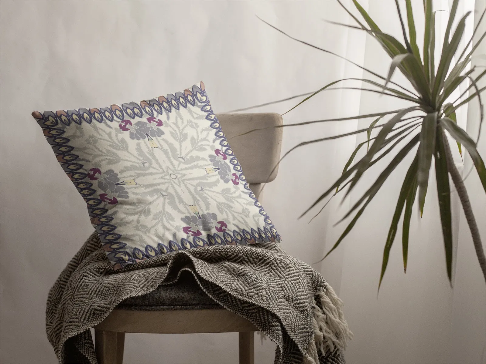Gray Floral Frame Suede Throw Pillow