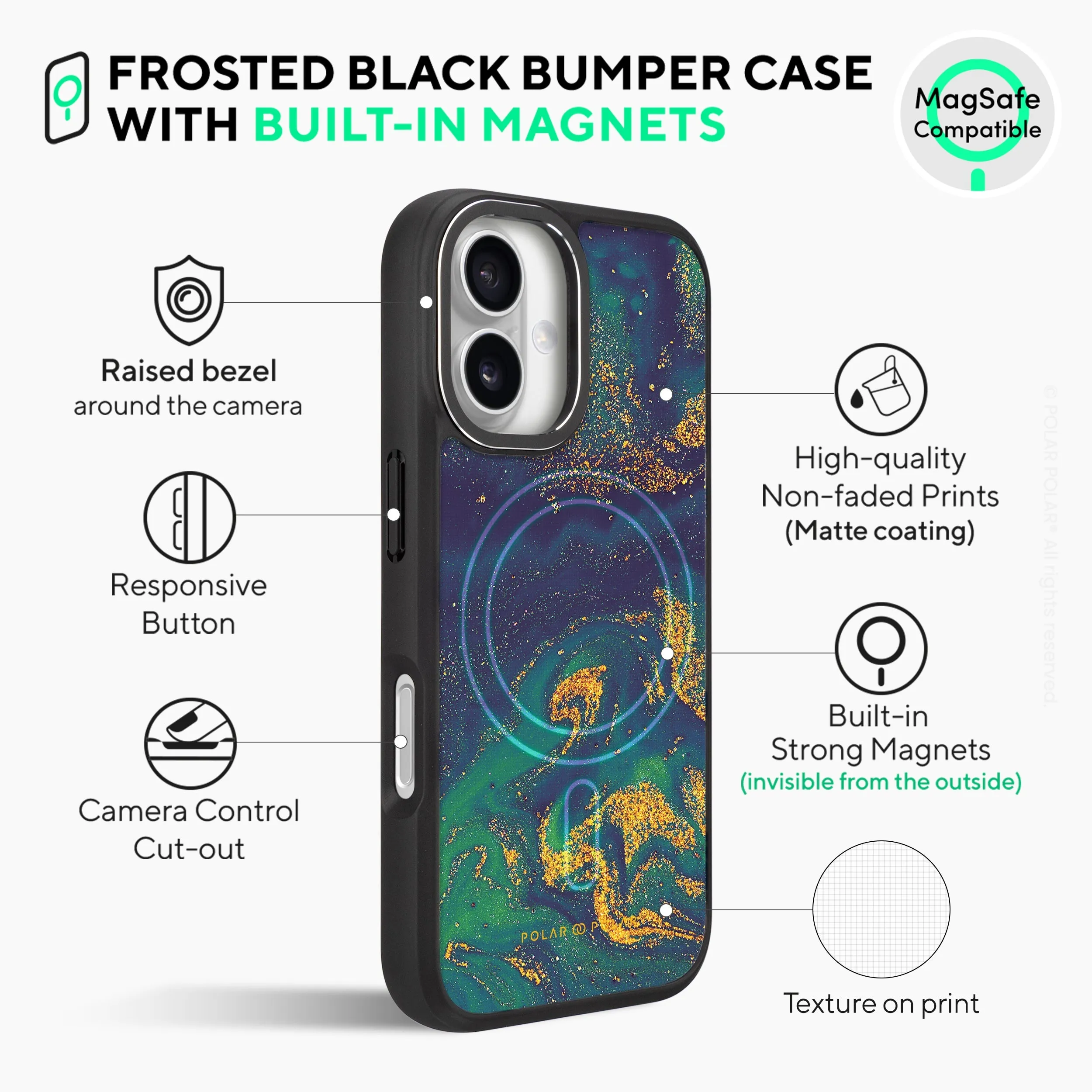 Green Night Quicksand - iPhone 16 Plus Frosted Black Bumper MagSafe Case