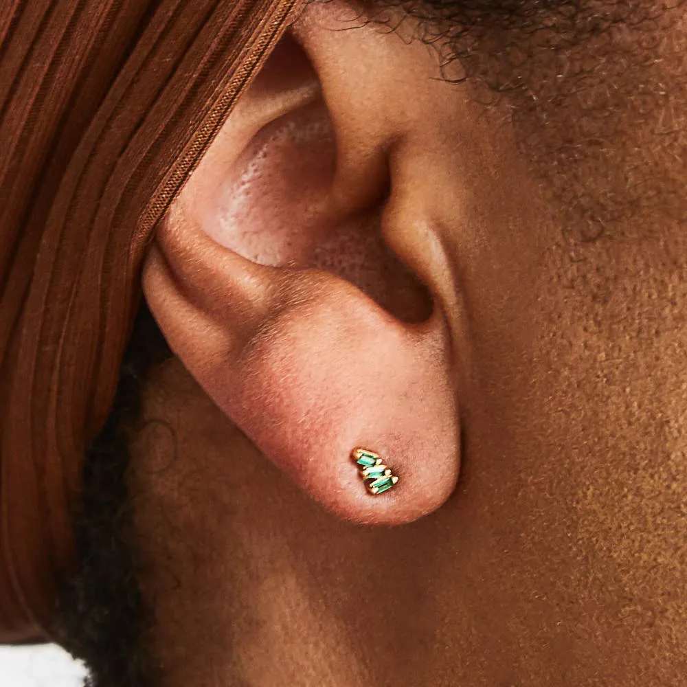 Green Triple Baguette Gold Studs