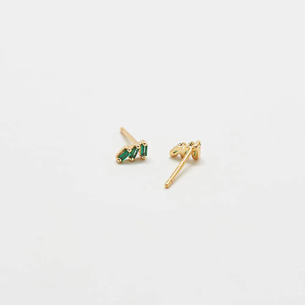 Green Triple Baguette Gold Studs