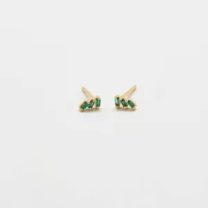 Green Triple Baguette Gold Studs