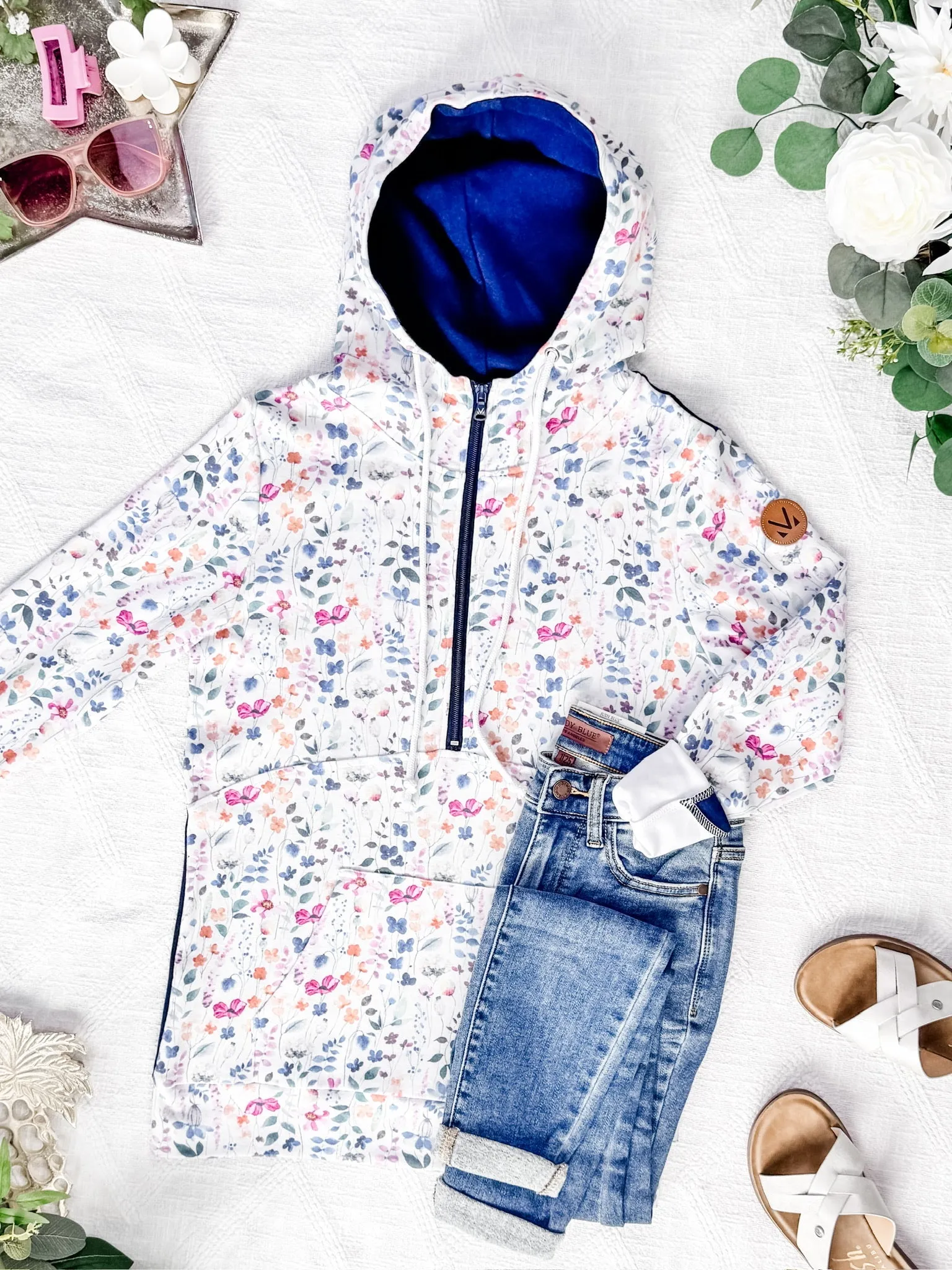 IN STOCK HalfZip Hoodie - Floral Paradise and Navy