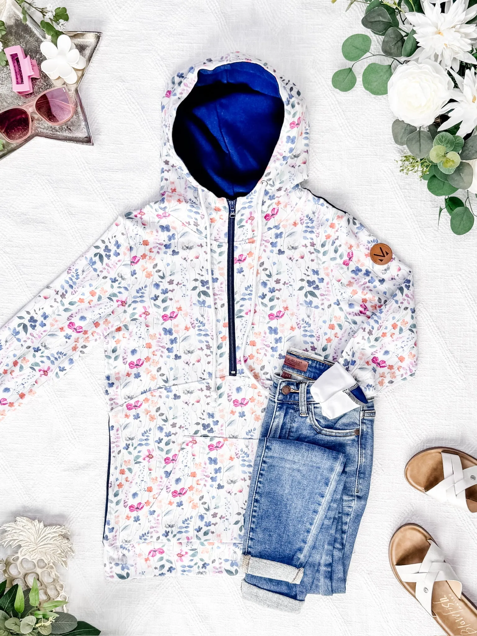 IN STOCK HalfZip Hoodie - Floral Paradise and Navy
