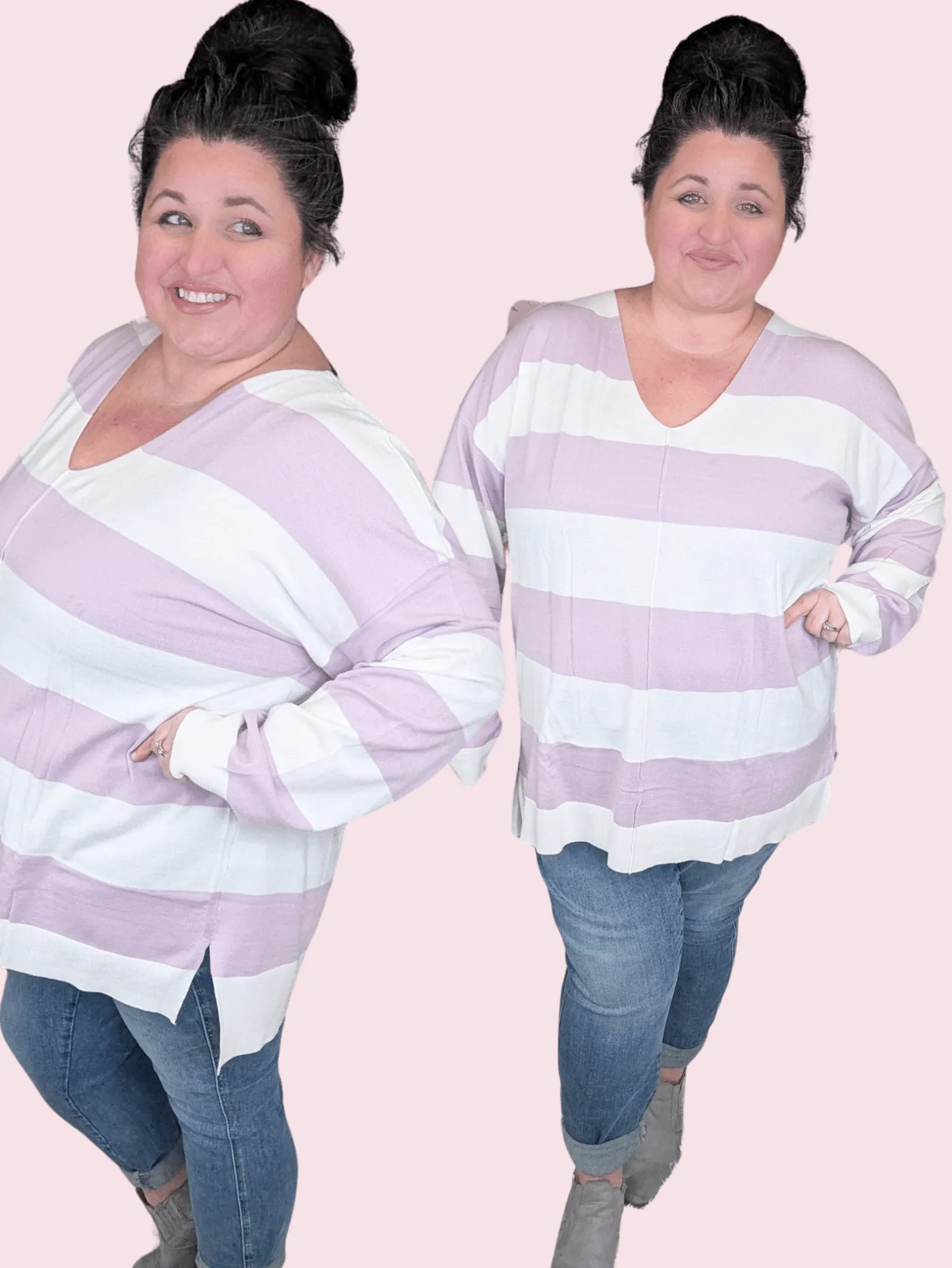 Jaclyn Lightweight Sweater in Mauve Lavender   Ivory Stripe