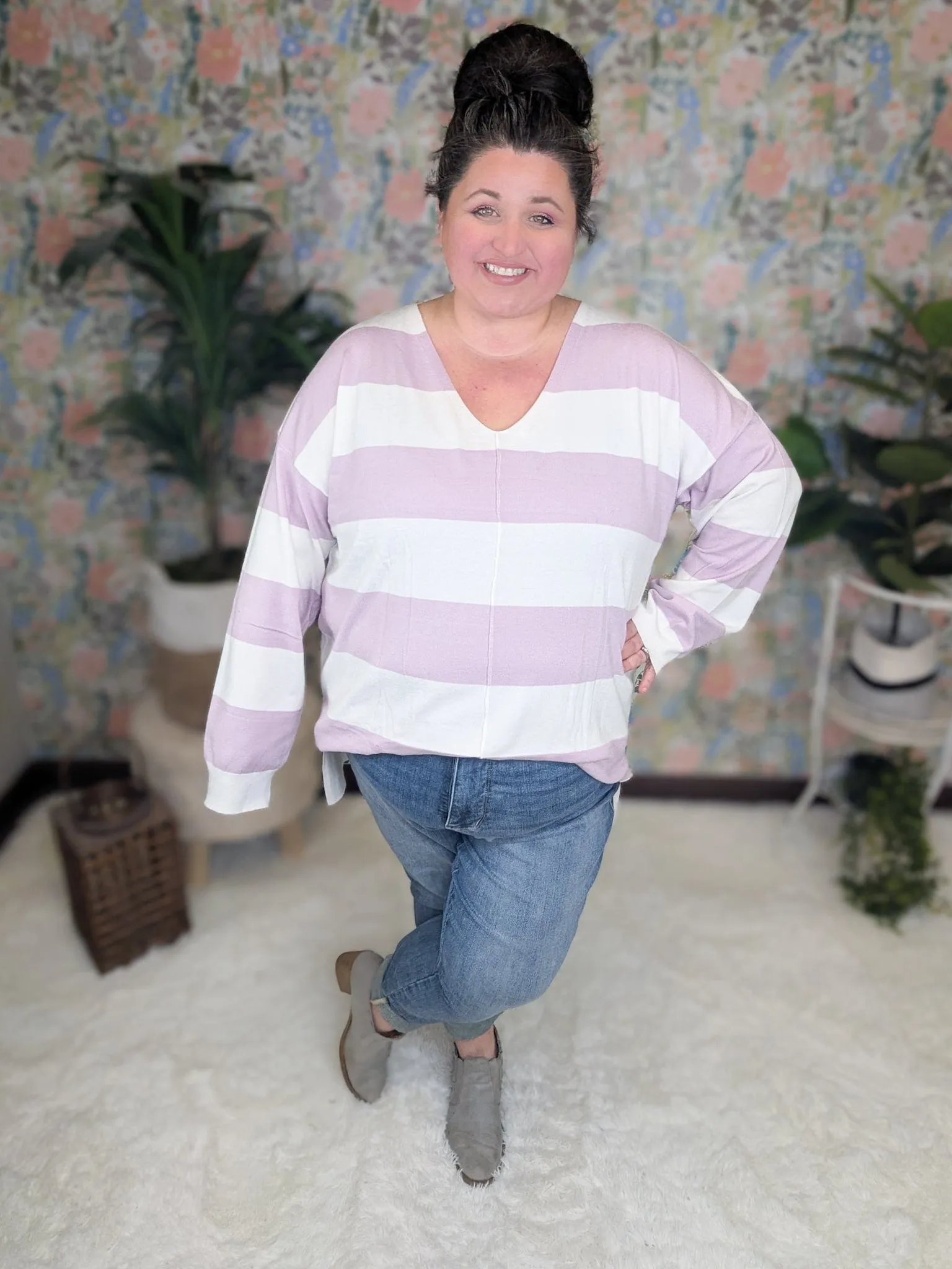 Jaclyn Lightweight Sweater in Mauve Lavender   Ivory Stripe