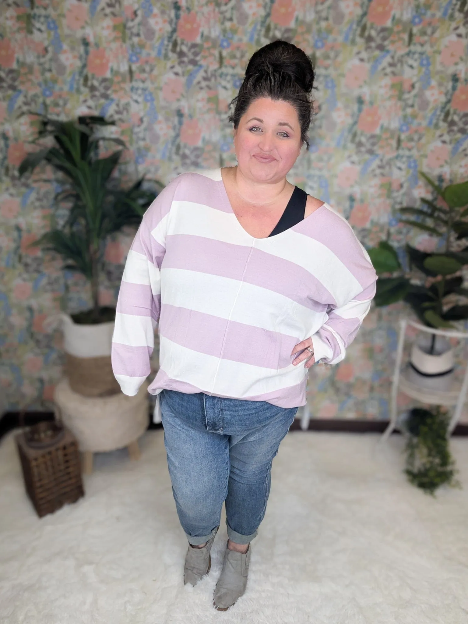 Jaclyn Lightweight Sweater in Mauve Lavender   Ivory Stripe