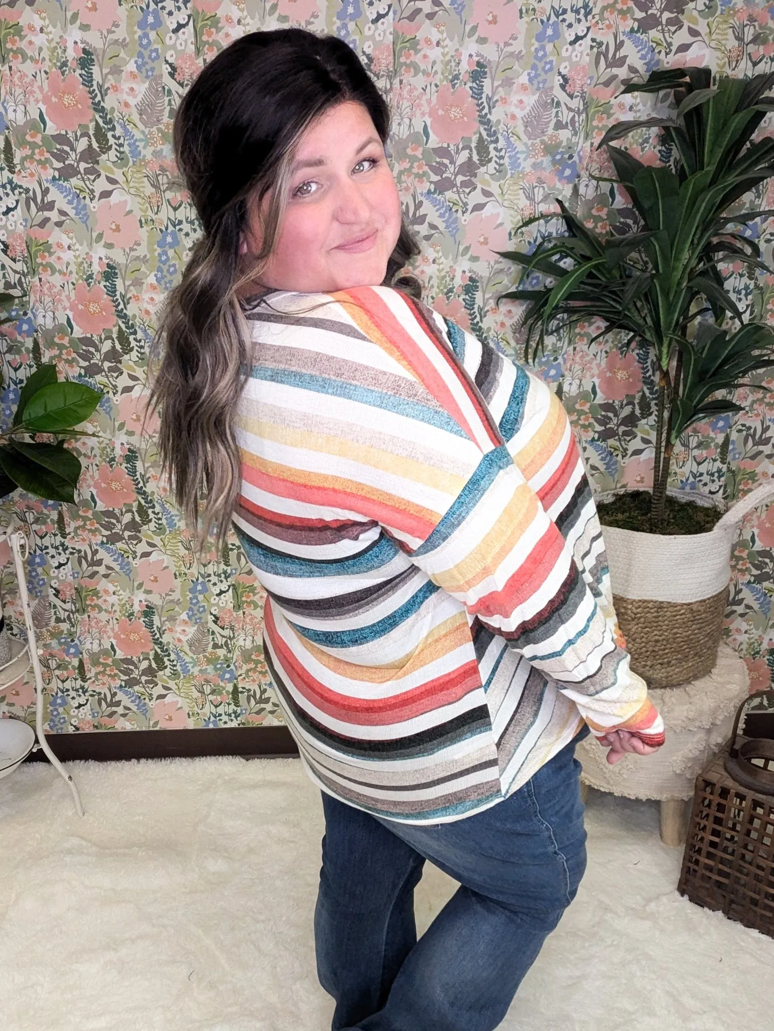 Kara Watercolor Stripe Lightweight Long Sleeve w/Twist Detail