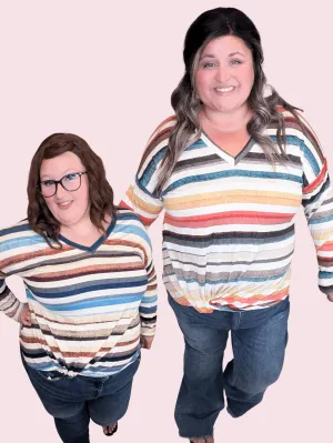 Kara Watercolor Stripe Lightweight Long Sleeve w/Twist Detail