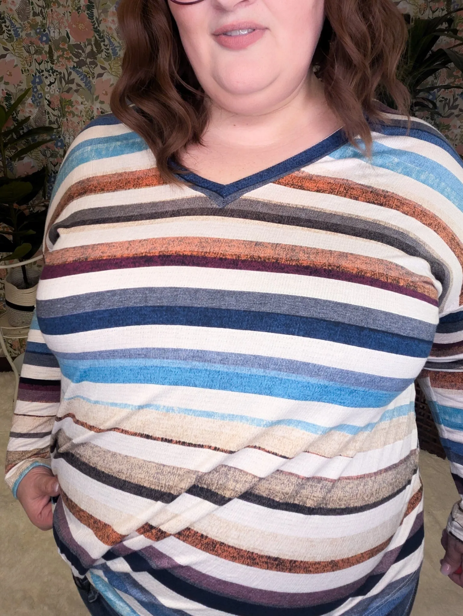 Kara Watercolor Stripe Lightweight Long Sleeve w/Twist Detail