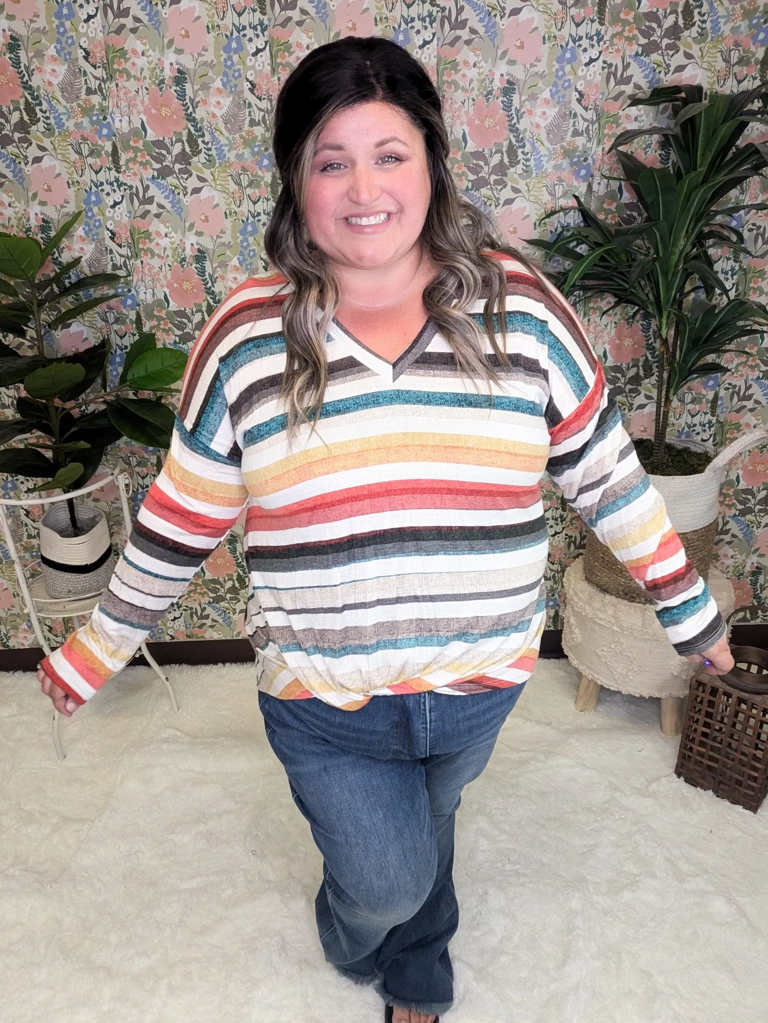 Kara Watercolor Stripe Lightweight Long Sleeve w/Twist Detail