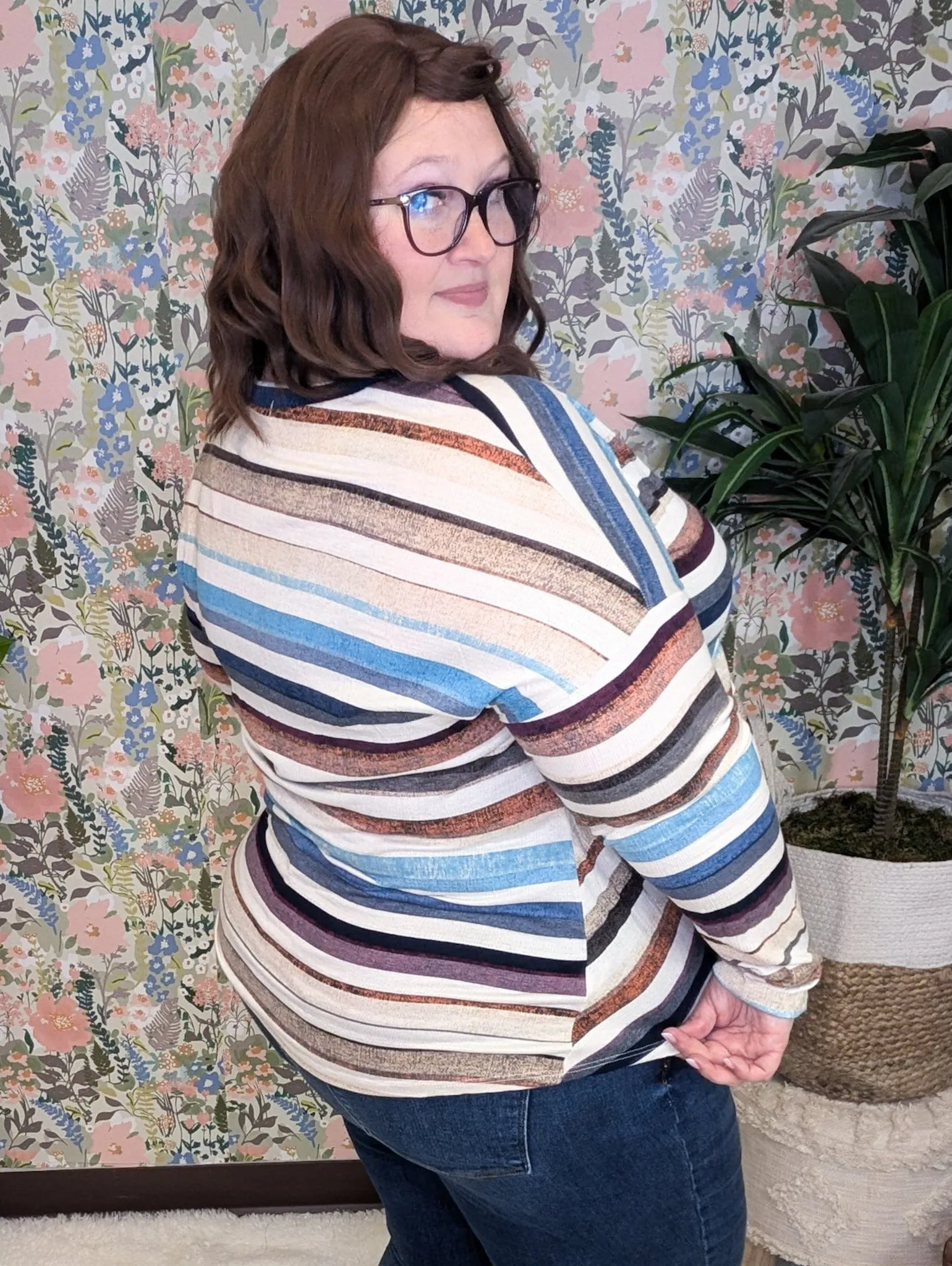Kara Watercolor Stripe Lightweight Long Sleeve w/Twist Detail