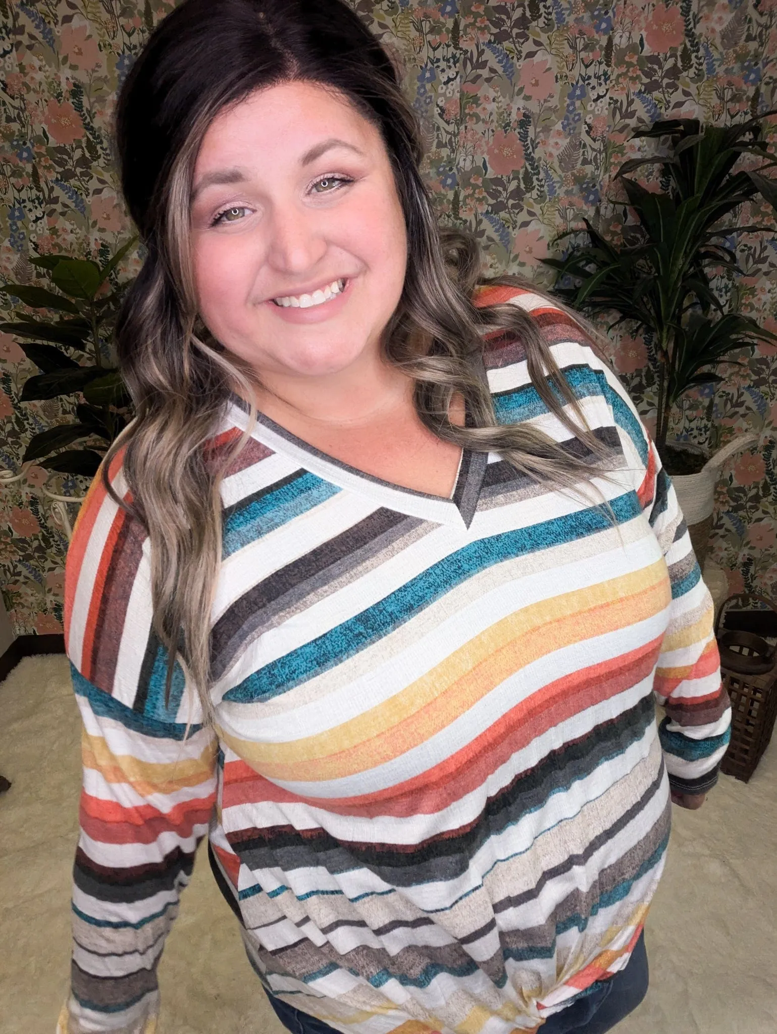 Kara Watercolor Stripe Lightweight Long Sleeve w/Twist Detail
