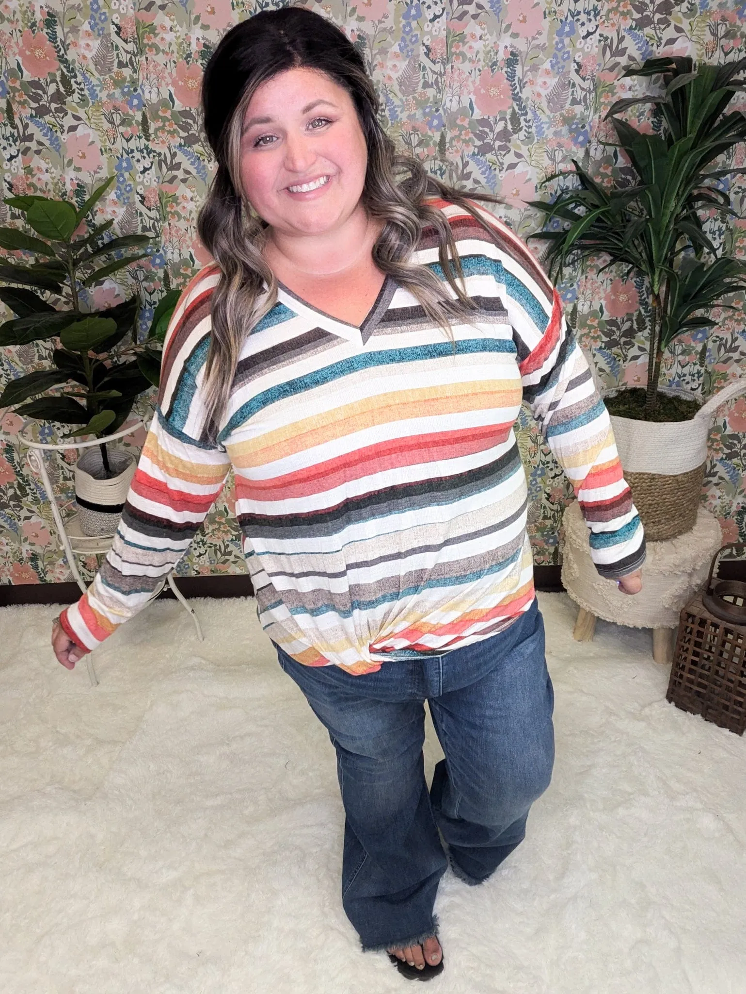 Kara Watercolor Stripe Lightweight Long Sleeve w/Twist Detail