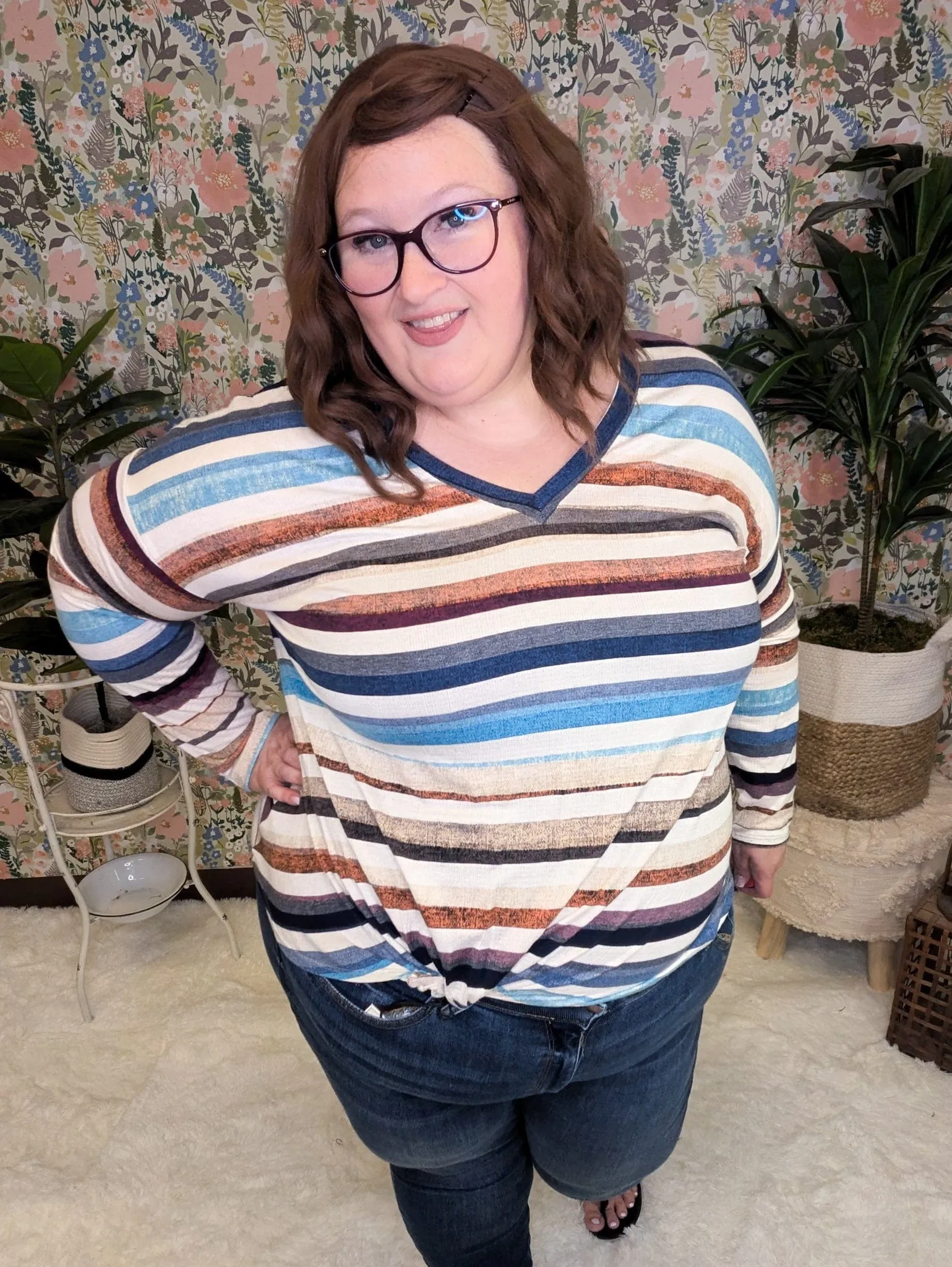 Kara Watercolor Stripe Lightweight Long Sleeve w/Twist Detail