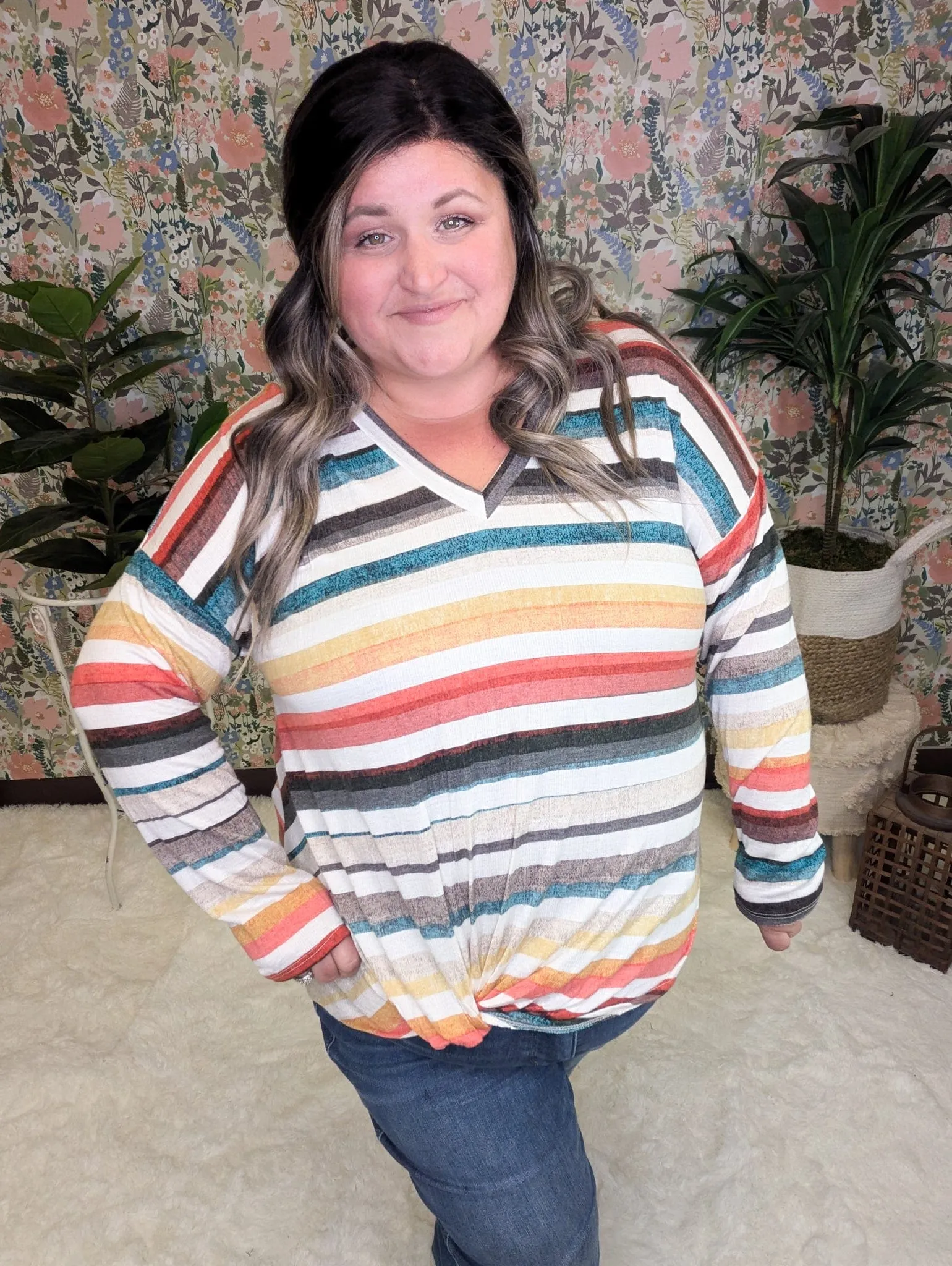 Kara Watercolor Stripe Lightweight Long Sleeve w/Twist Detail