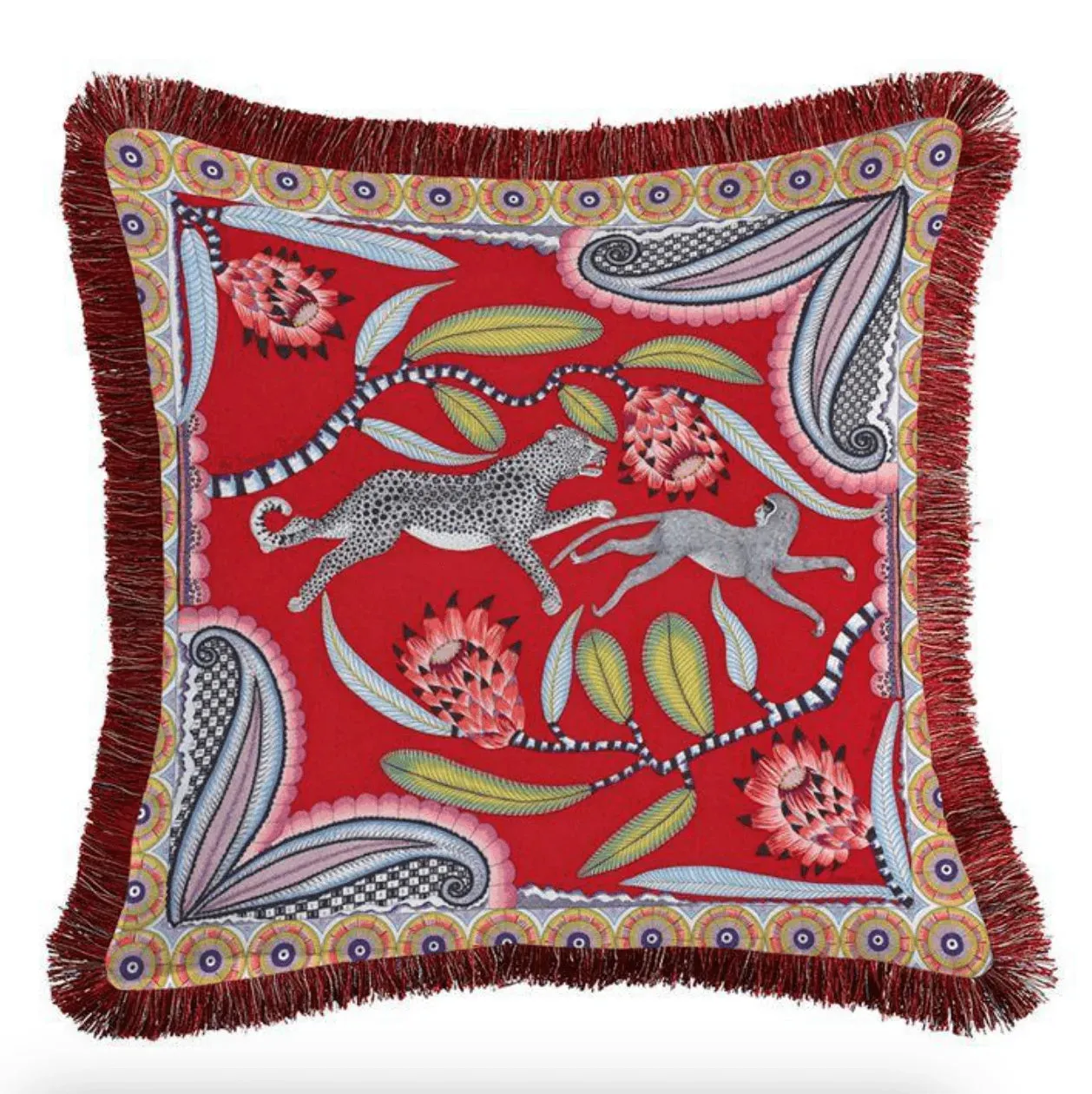 Leopard and Monkey Velvet Throw Pillow Cover with Fringes