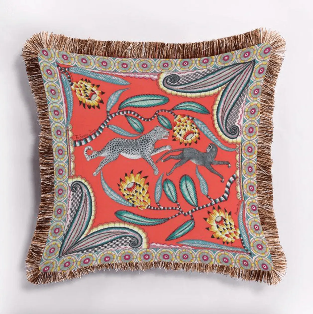 Leopard and Monkey Velvet Throw Pillow Cover with Fringes