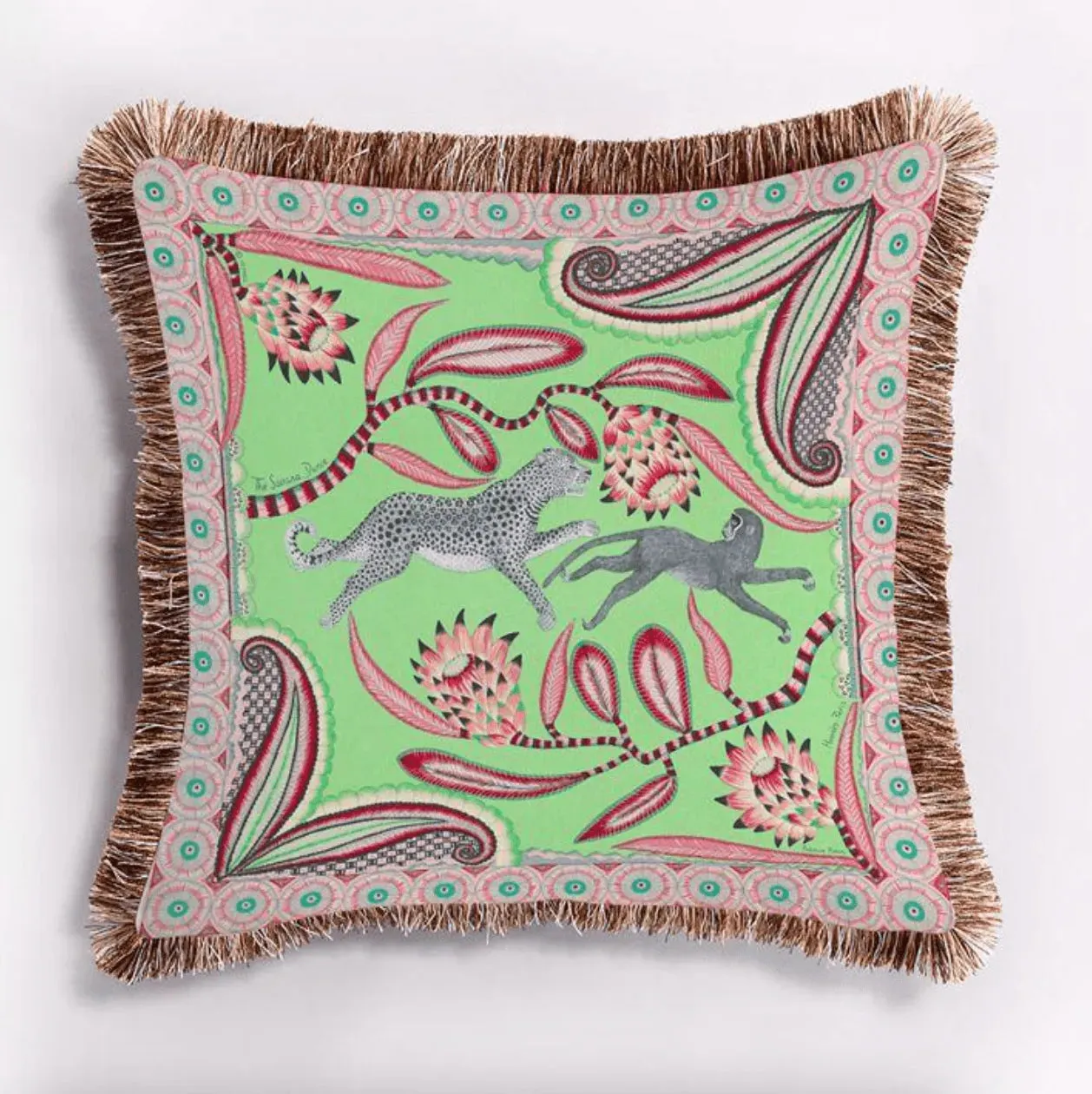 Leopard and Monkey Velvet Throw Pillow Cover with Fringes