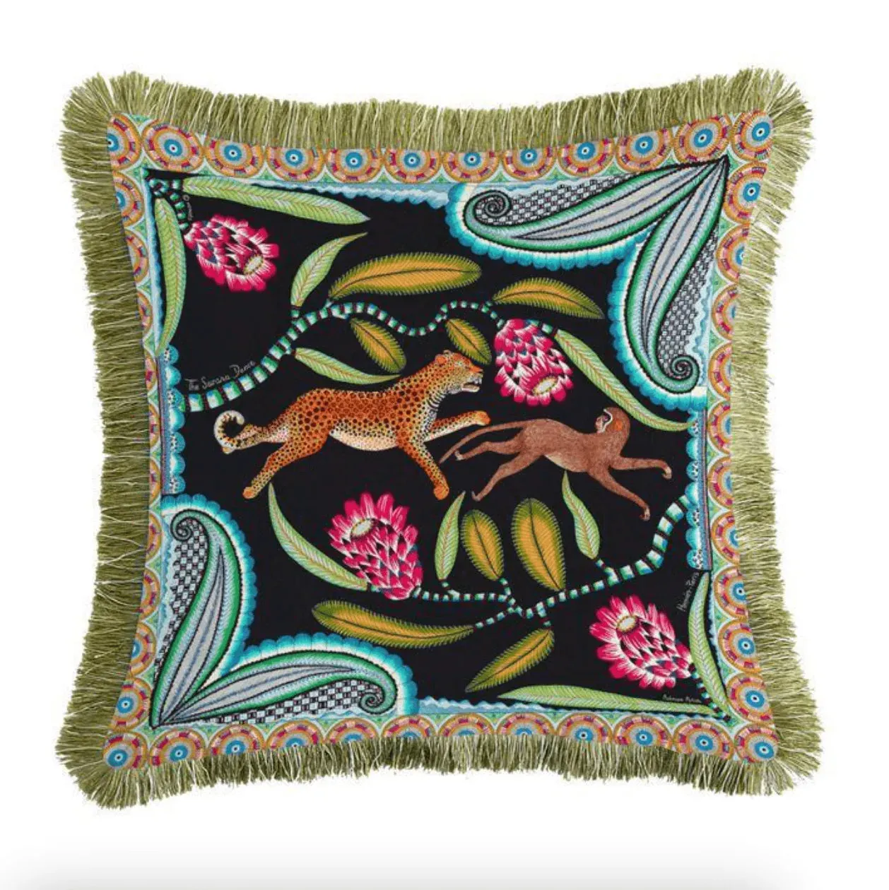 Leopard and Monkey Velvet Throw Pillow Cover with Fringes