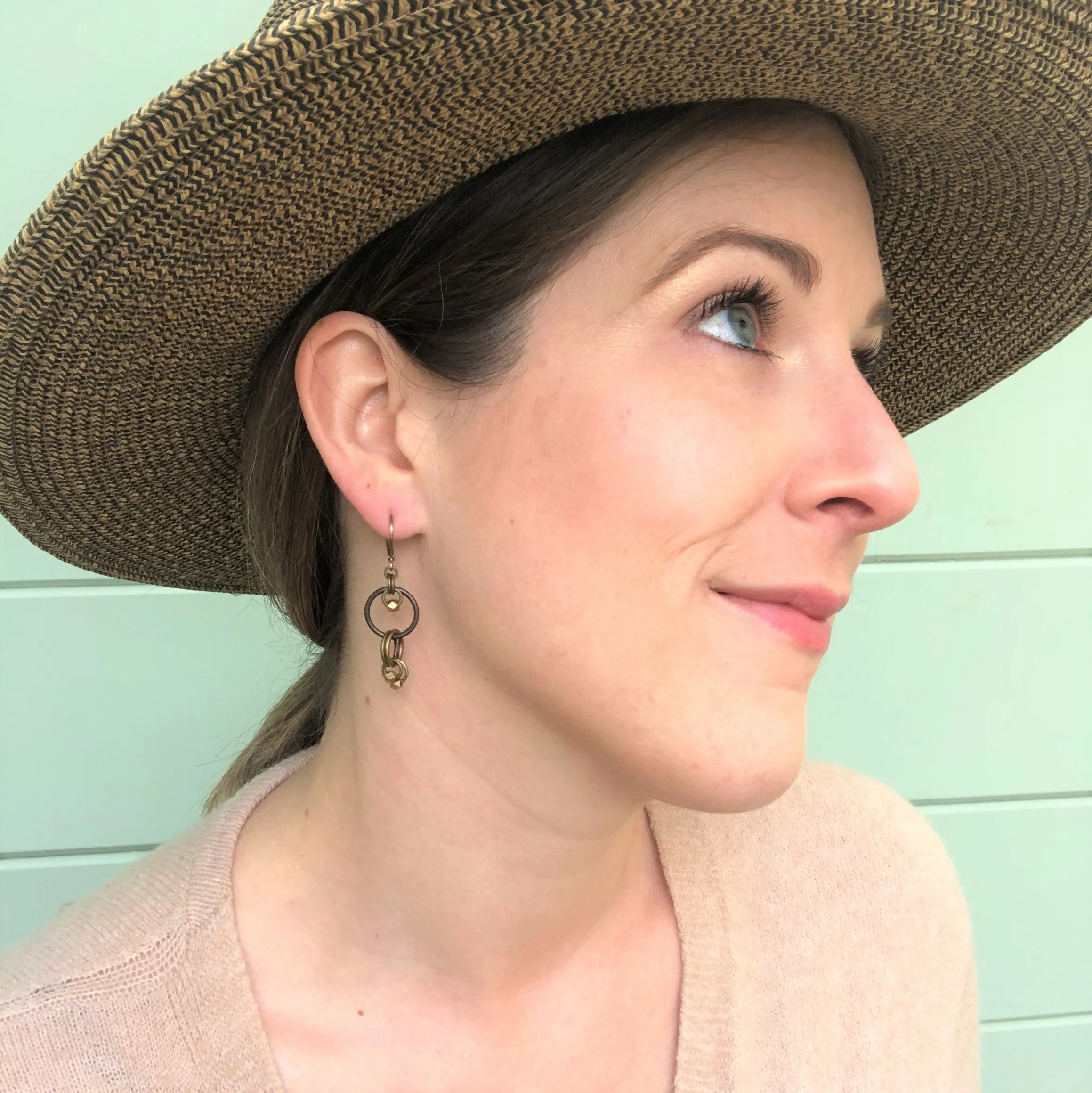 Light Geometric Brass Ring Drop Earrings