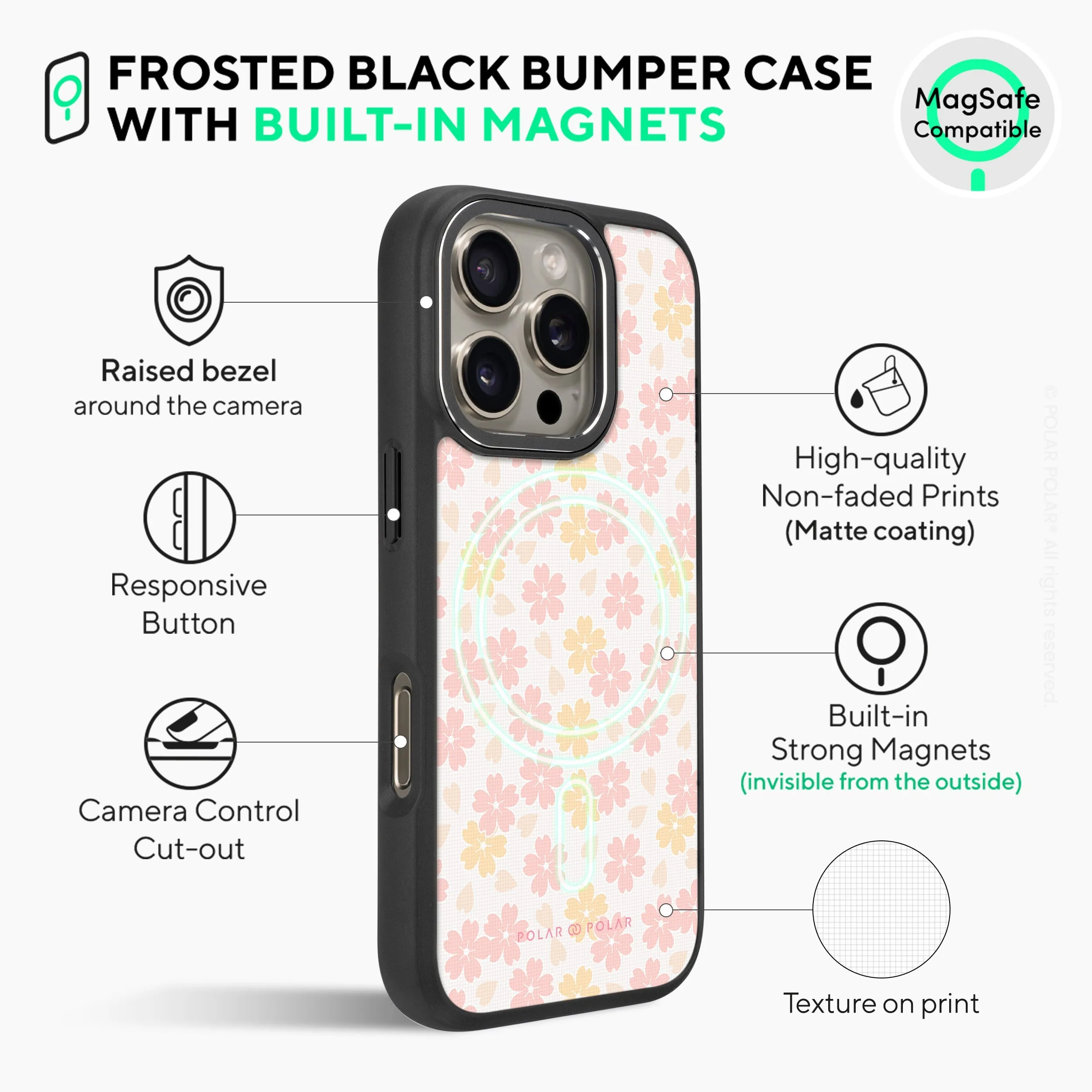 Light Pink Sakura - iPhone 16 Pro Frosted Black Bumper MagSafe Case