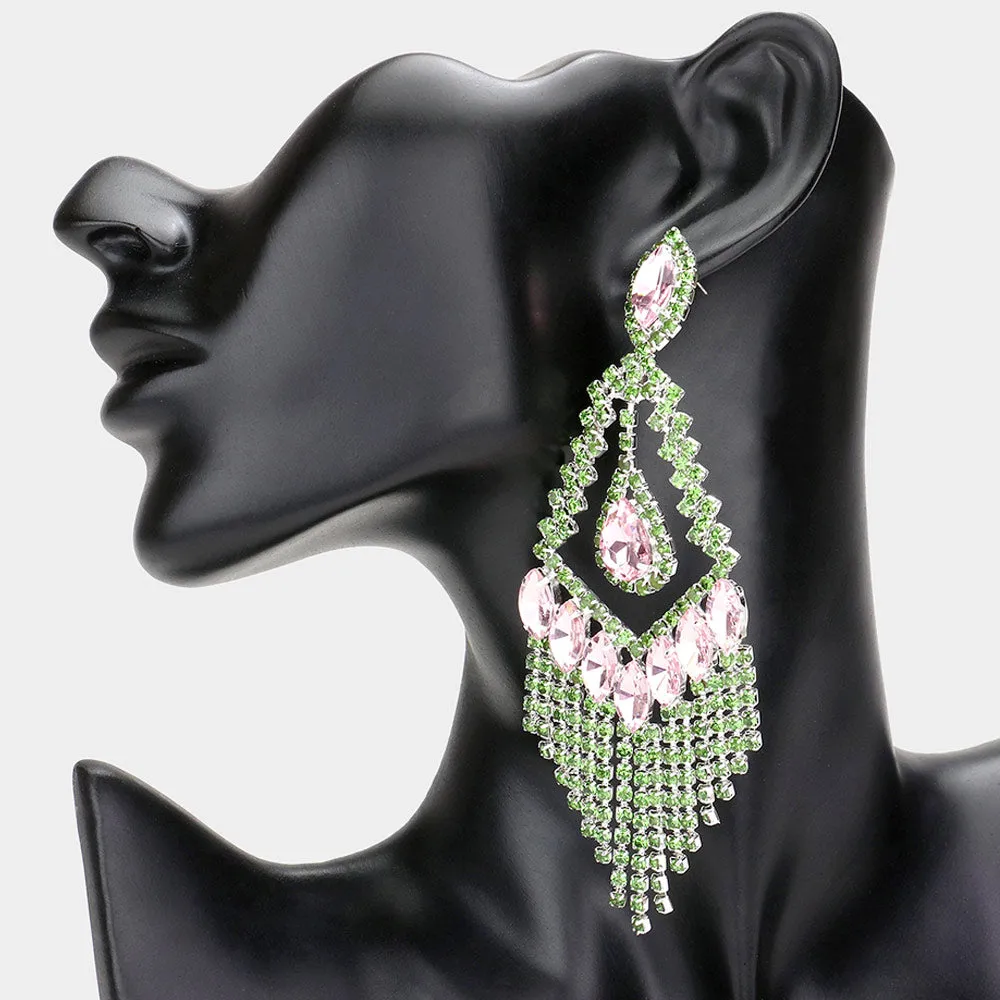 Lightweight Pink & Green Crystal Chandelier Pageant Earrings  | Prom Earrings | 606348