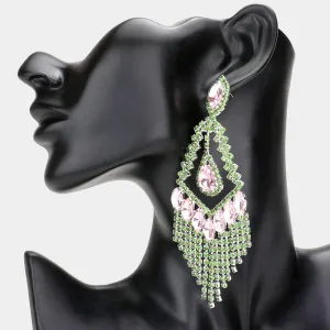 Lightweight Pink & Green Crystal Chandelier Pageant Earrings  | Prom Earrings | 606348