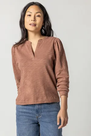 Lilla P Shirred Long Sleeve Spilt Neck, Clove