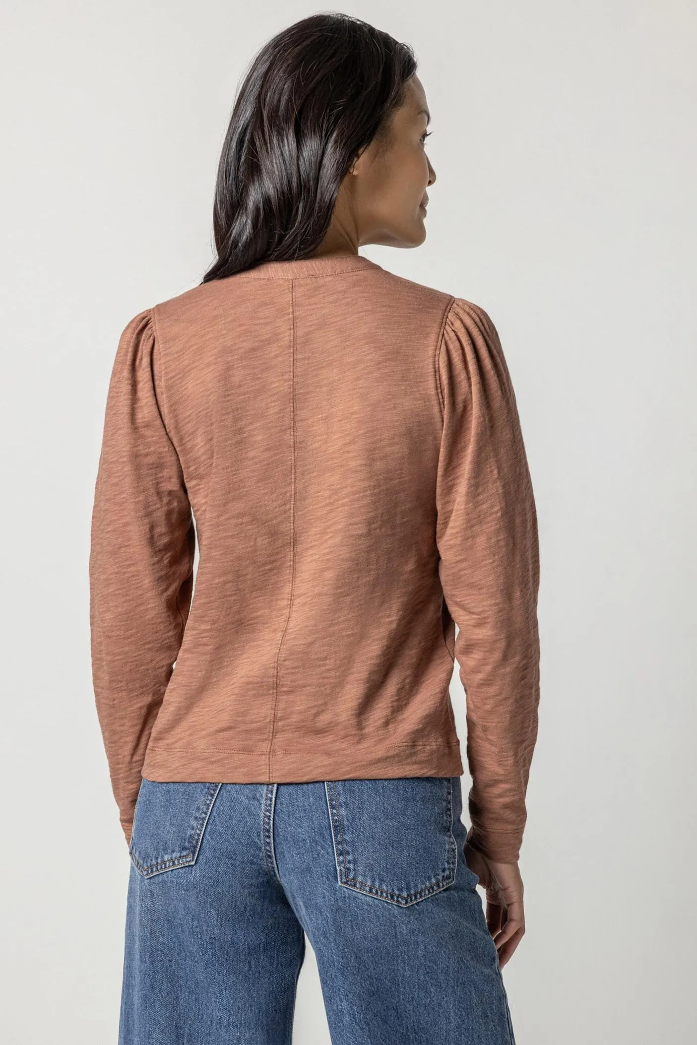 Lilla P Shirred Long Sleeve Spilt Neck, Clove
