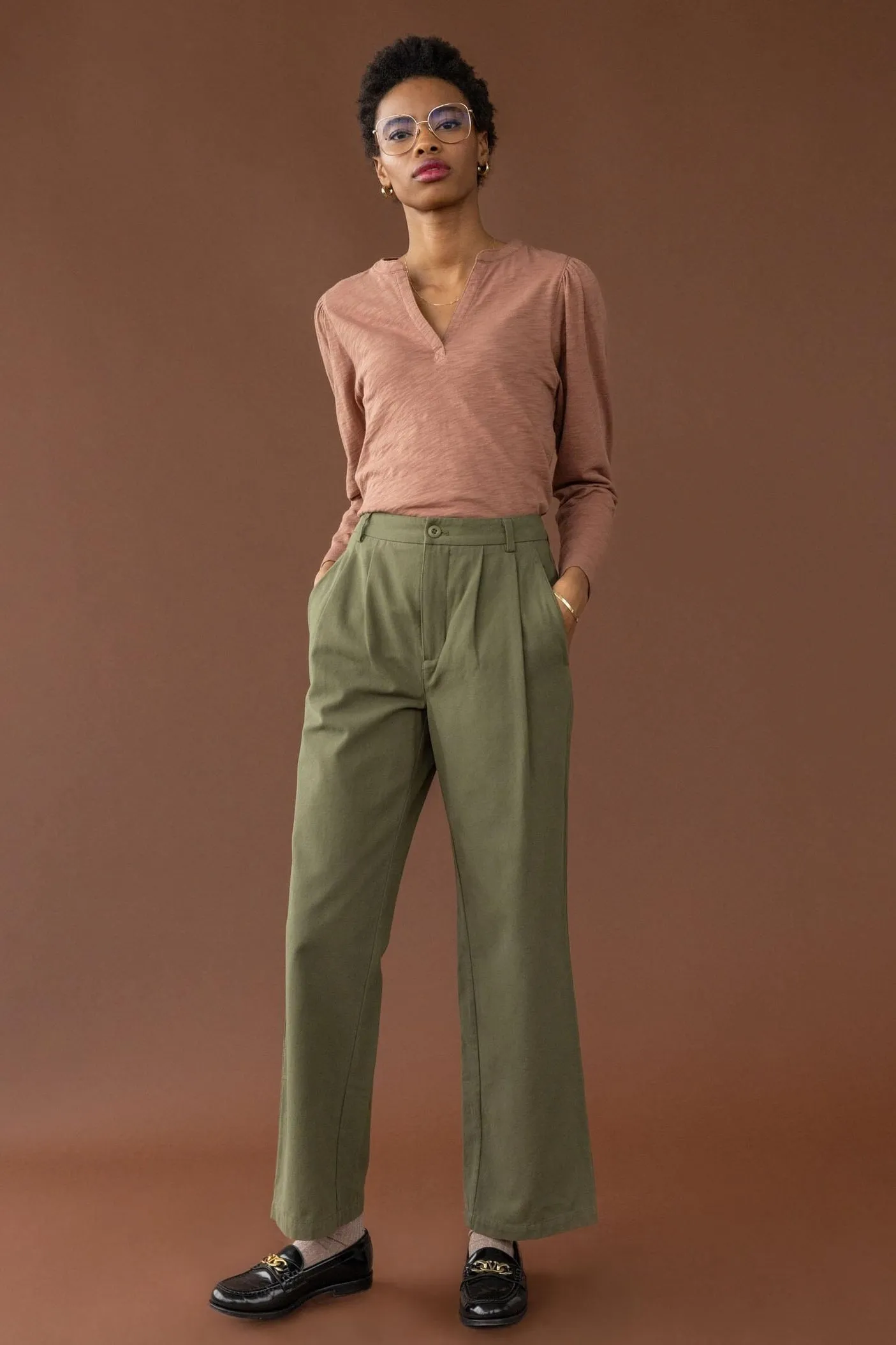 Lilla P Shirred Long Sleeve Spilt Neck, Clove