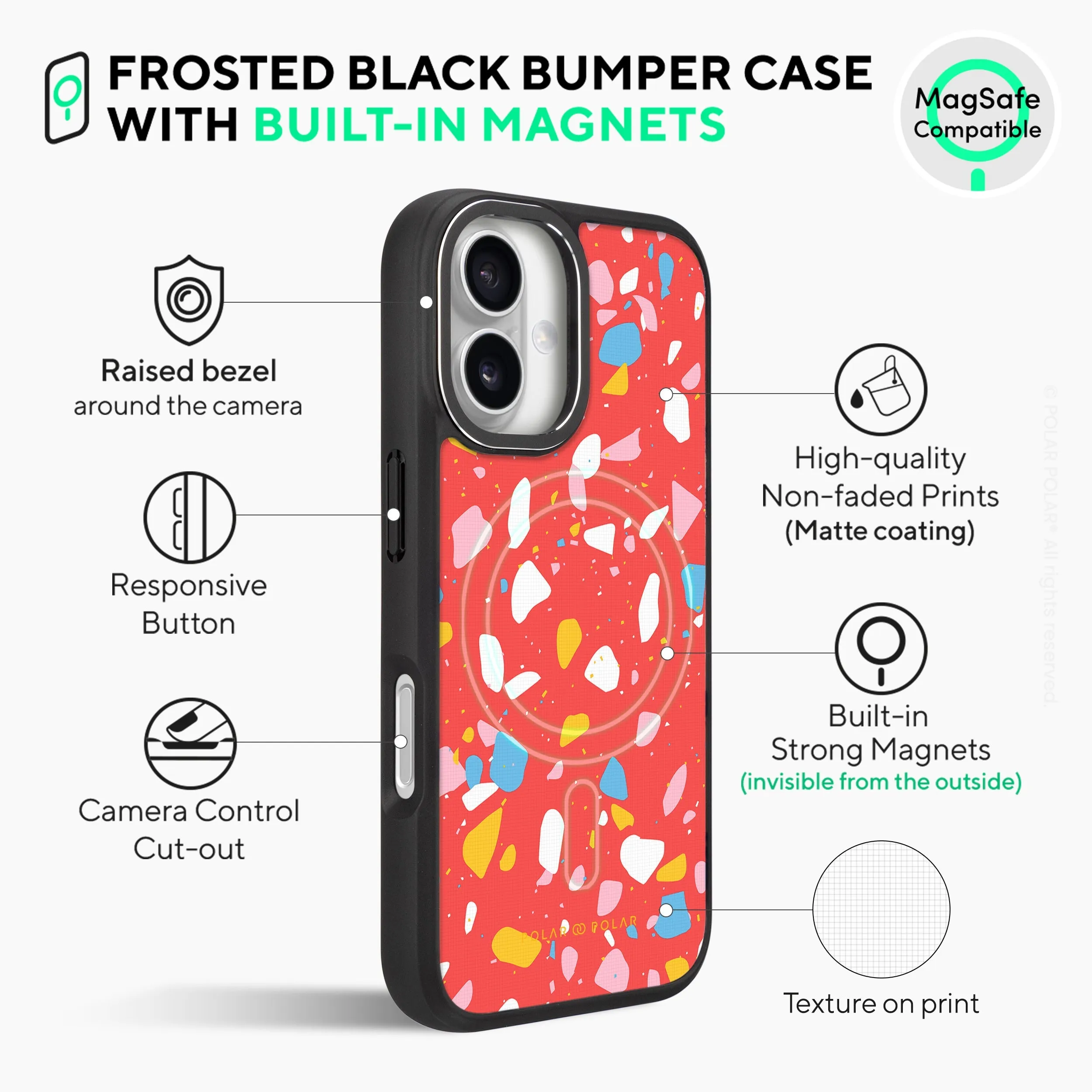 Living Coral Terrazzo - iPhone 16 Frosted Black Bumper MagSafe Case