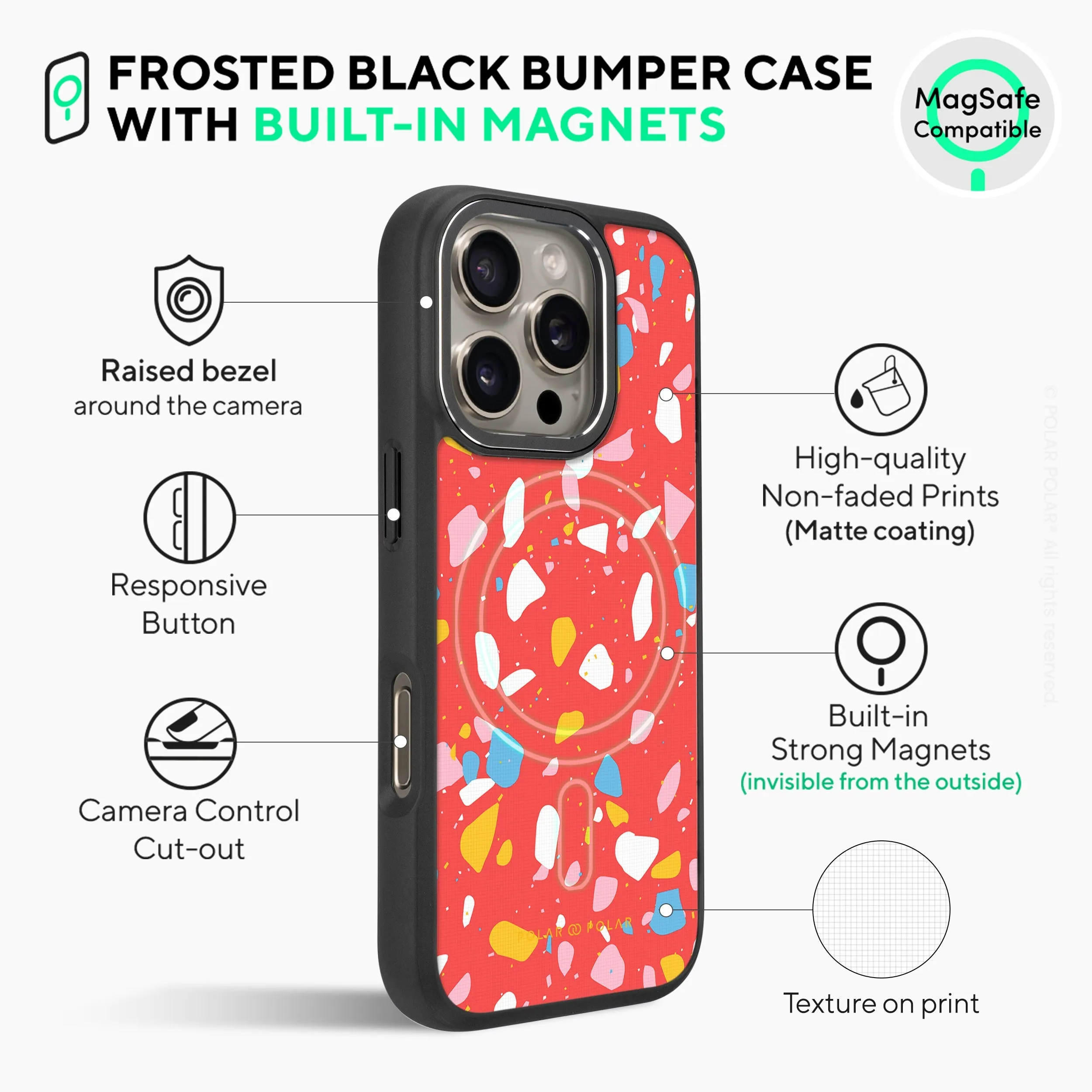 Living Coral Terrazzo - iPhone 16 Pro Frosted Black Bumper MagSafe Case