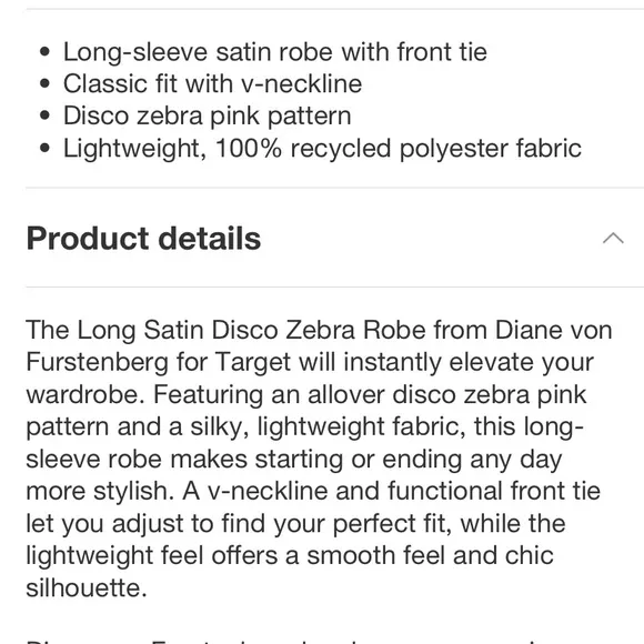 Long Satin Disco Zebra Pink Robe- DVF for Target NWT