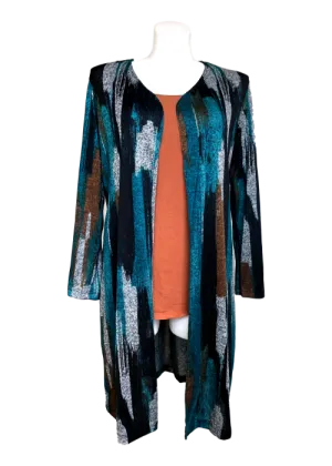 Long Varigated Sweater Duster in Teal, Brown and Black