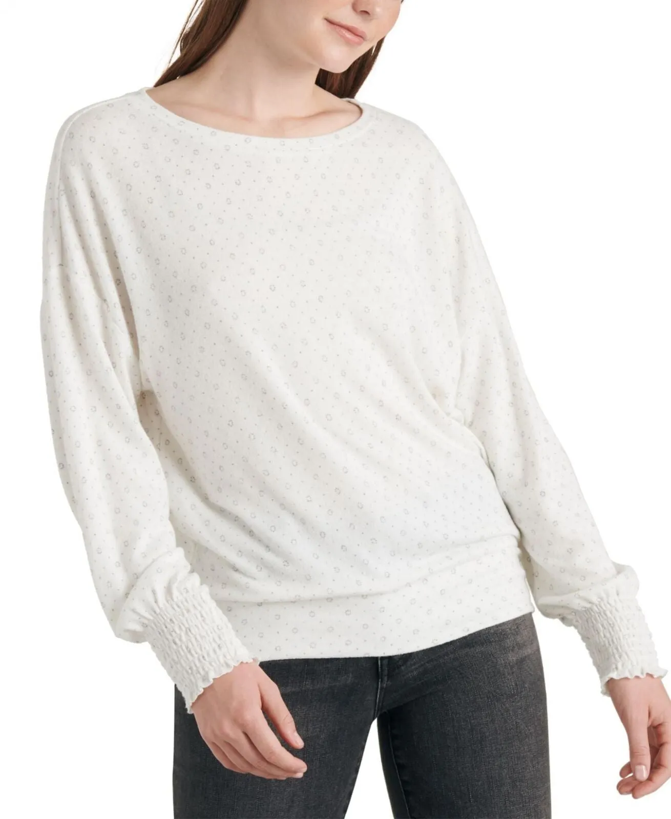Lucky Brand Long Sleeve Scoop Neck Geo Cloud Jersey Smocking Top Cream Multi M