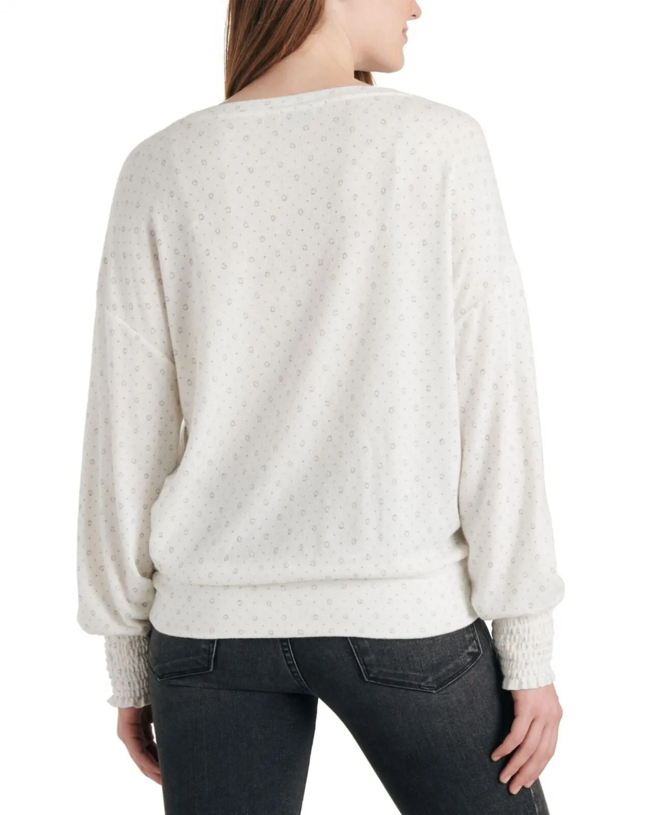 Lucky Brand Long Sleeve Scoop Neck Geo Cloud Jersey Smocking Top Cream Multi M