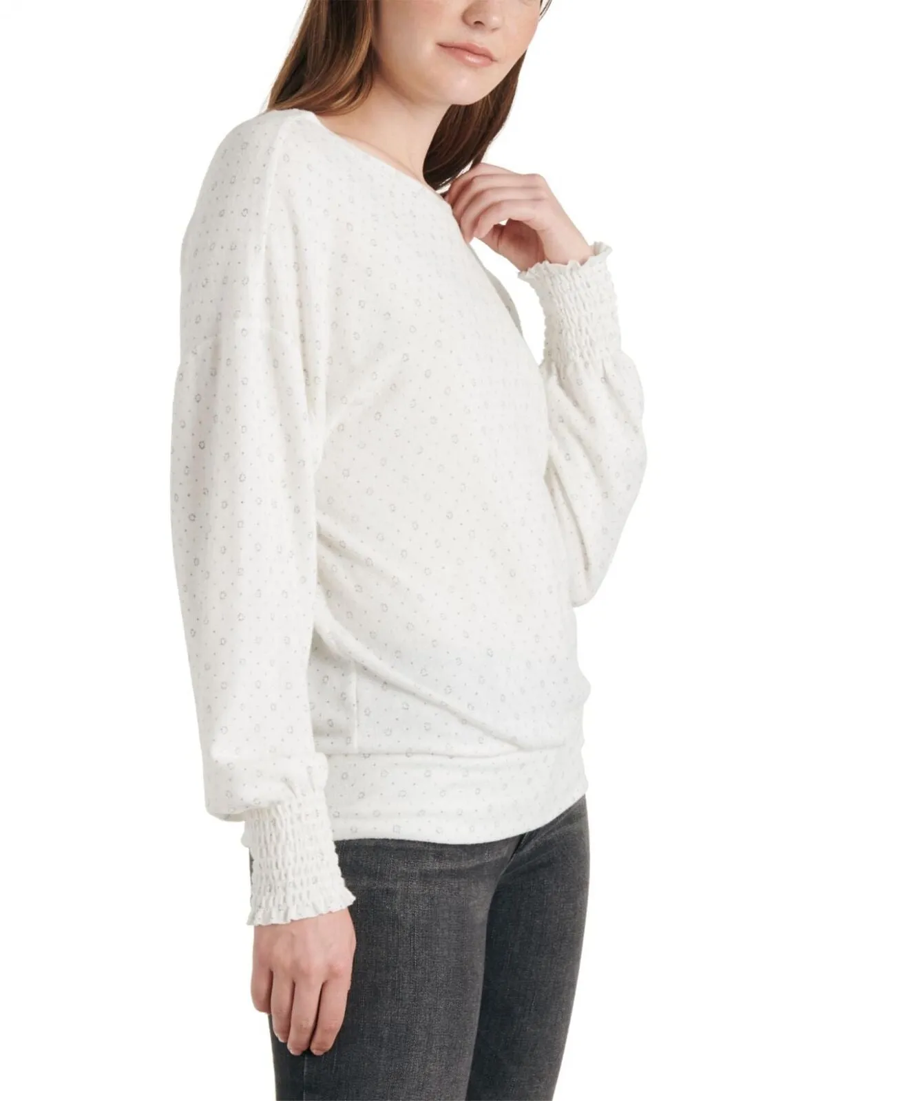 Lucky Brand Long Sleeve Scoop Neck Geo Cloud Jersey Smocking Top Cream Multi M