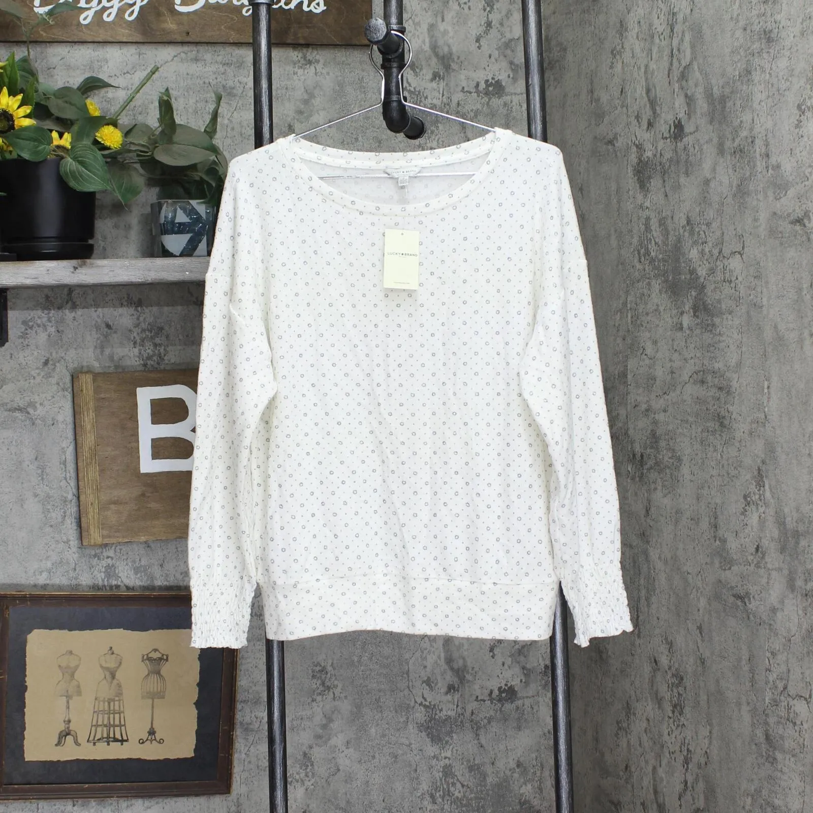 Lucky Brand Long Sleeve Scoop Neck Geo Cloud Jersey Smocking Top Cream Multi M