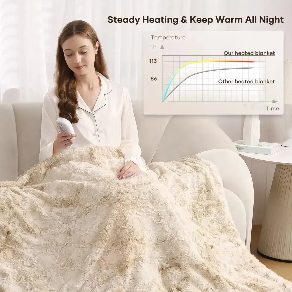 Luxurious Soft Faux Fur Heated Throw Blanket 50"x60", 6 Heat Levels, Timer, Machine Washable