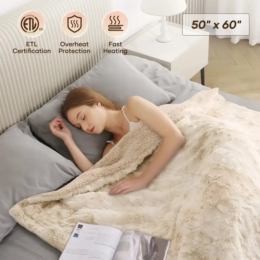 Luxurious Soft Faux Fur Heated Throw Blanket 50"x60", 6 Heat Levels, Timer, Machine Washable