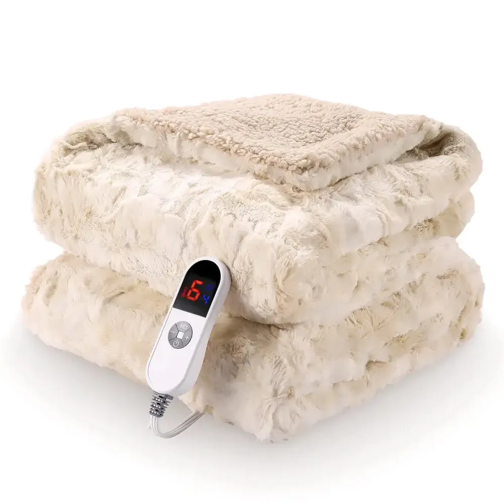 Luxurious Soft Faux Fur Heated Throw Blanket 50"x60", 6 Heat Levels, Timer, Machine Washable