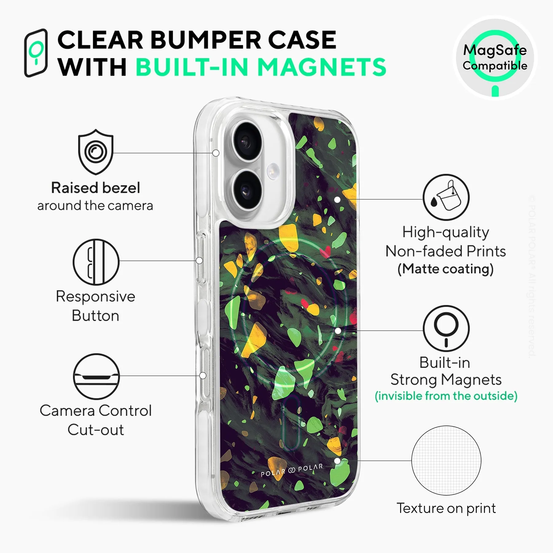 Malachite Terrazzo Gem - iPhone 16 Plus Clear Bumper MagSafe Case