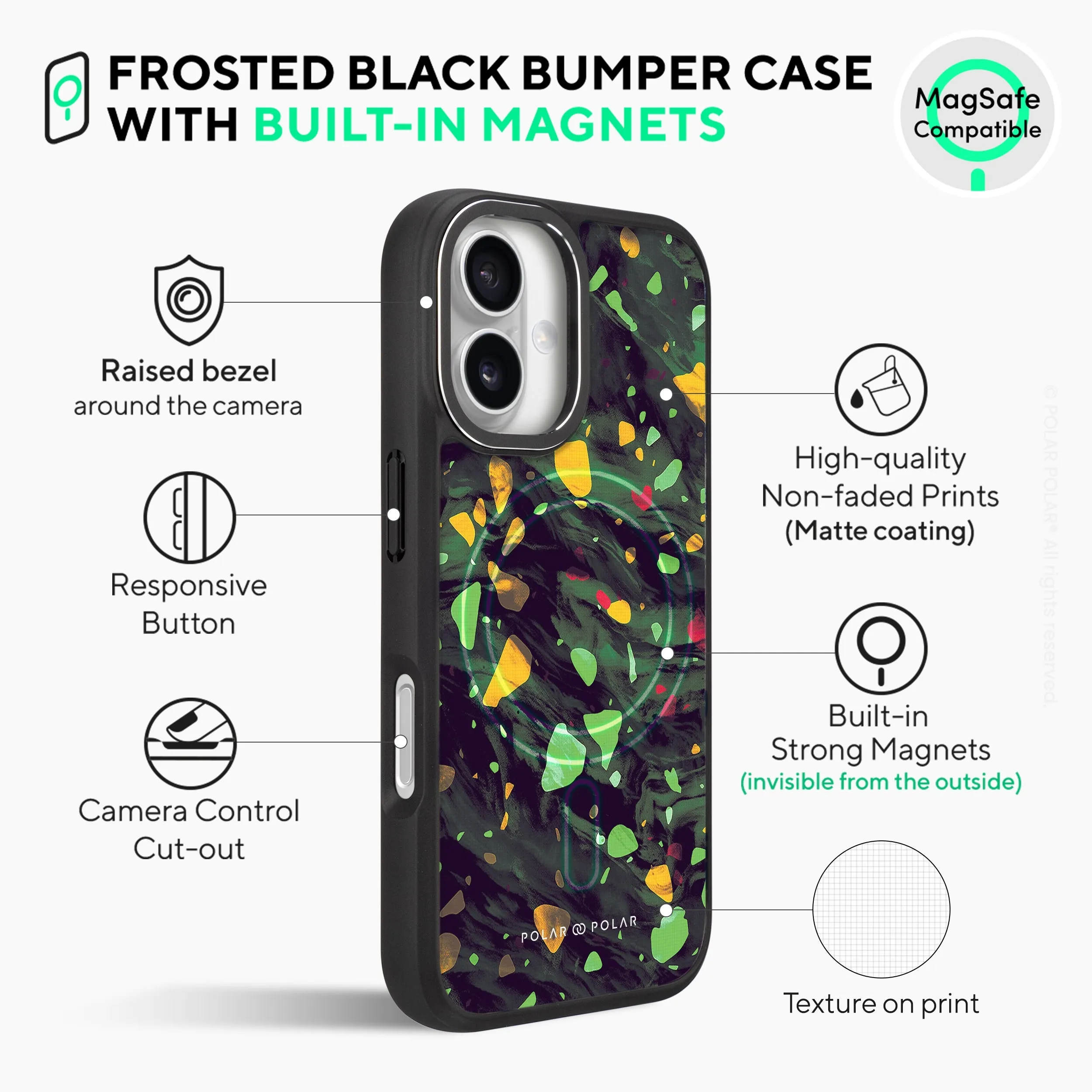 Malachite Terrazzo Gem - iPhone 16 Plus Frosted Black Bumper MagSafe Case
