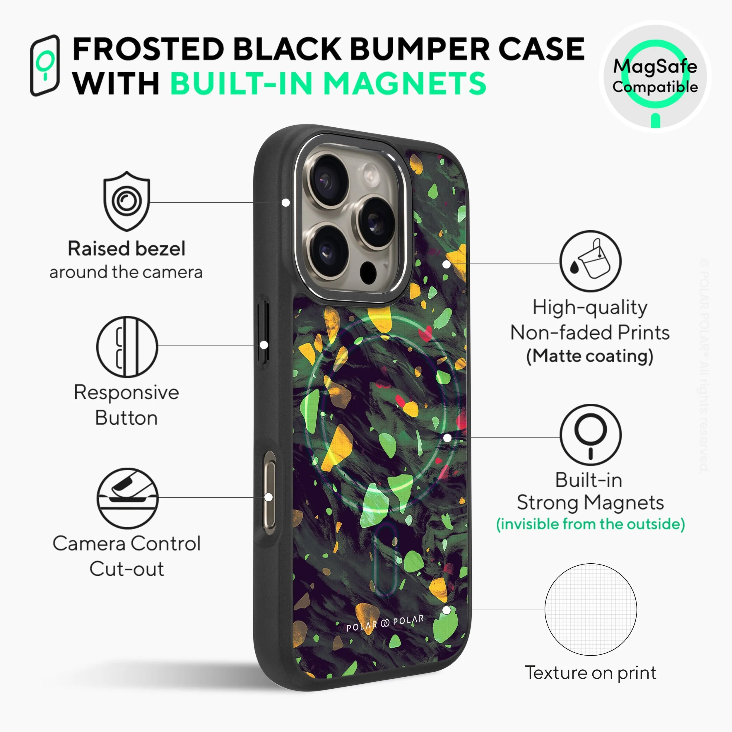 Malachite Terrazzo Gem - iPhone 16 Pro Frosted Black Bumper MagSafe Case