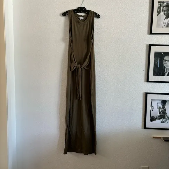 Michael Stars Solange Tie Waist Maxi Olive Green Dress Large NEW Cotton Stretch