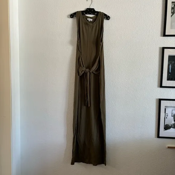 Michael Stars Solange Tie Waist Maxi Olive Green Dress Large NEW Cotton Stretch
