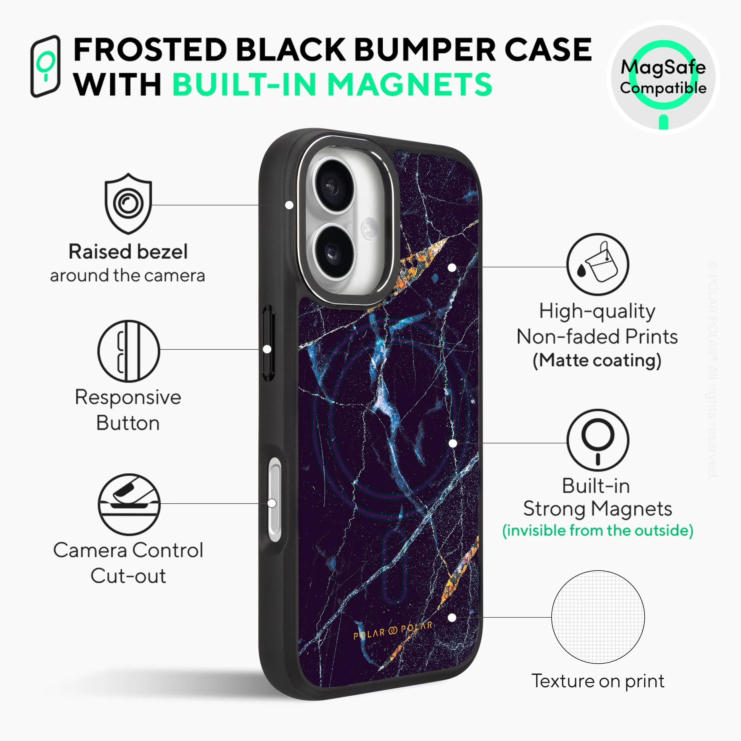 Midnight Marble - iPhone 16 Frosted Black Bumper MagSafe Case