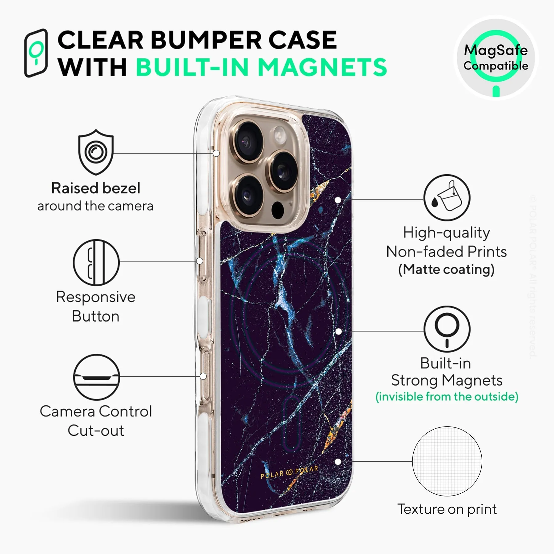 Midnight Marble - iPhone 16 Pro Clear Bumper MagSafe Case