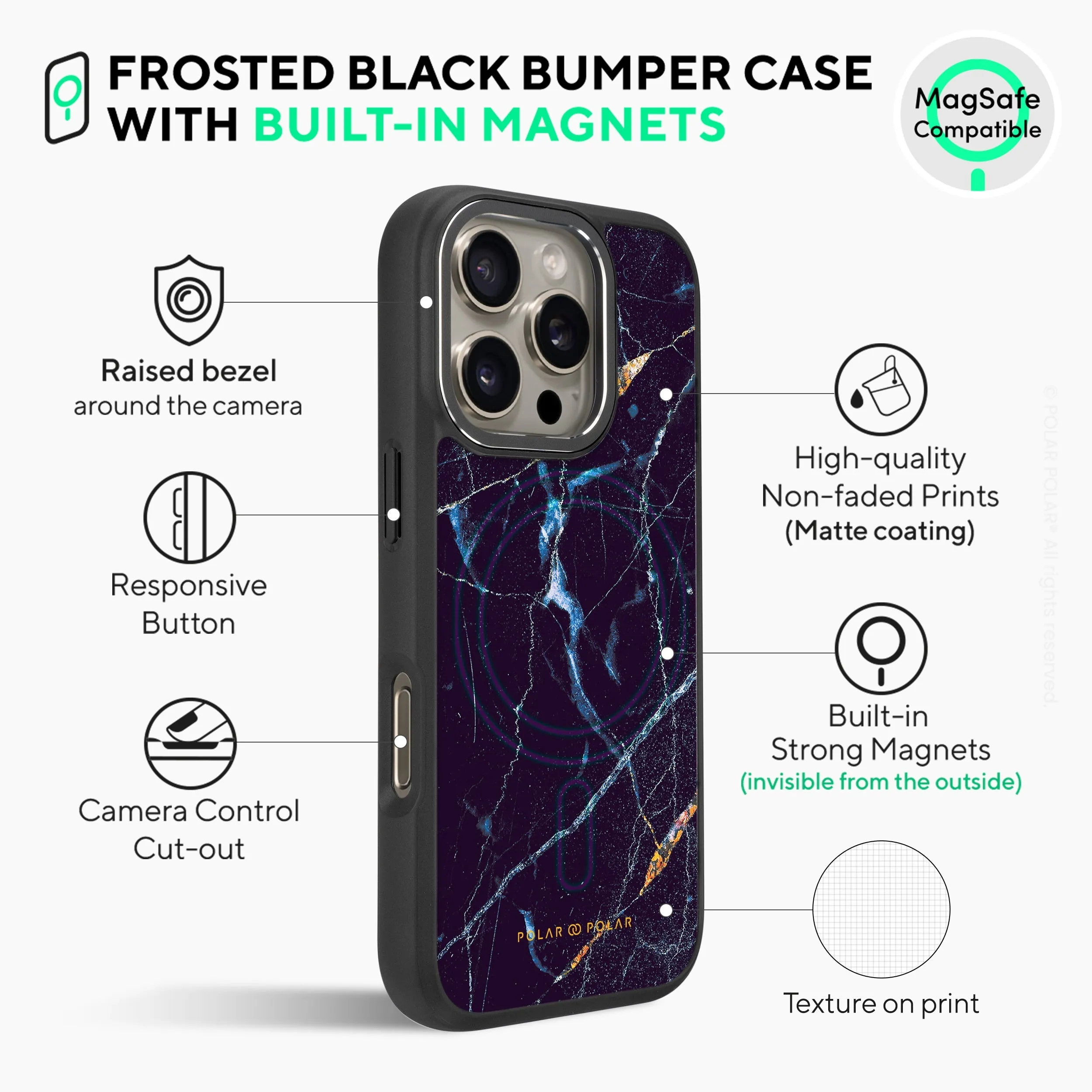 Midnight Marble - iPhone 16 Pro Max Frosted Black Bumper MagSafe Case